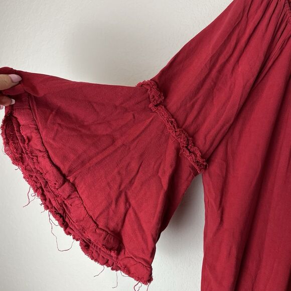 Umgee USA M Red Shirt Top Fringe Front Tie Linen Blend Boho Festival 211 - Picture 3 of 7